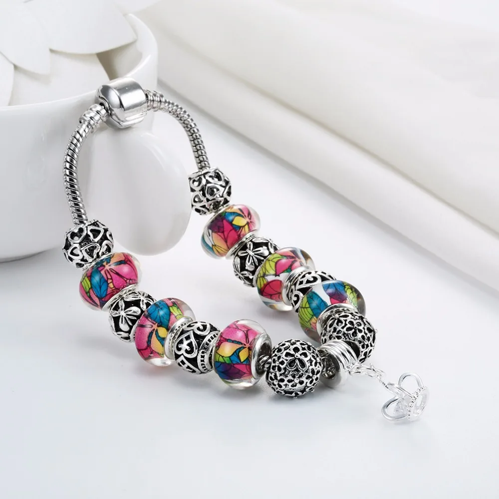 Kinitial Fashion Heart Butterfly Bead Charm Bracelet Colorful Beads Fit Women Bracelets &amp Bangles Cuff Jewelry | Украшения и