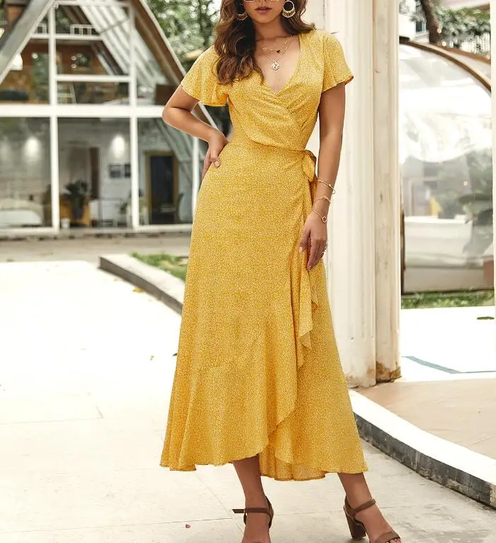 Летнее Пляжное Платье макси с V образным вырезом и коротким рукавом женское