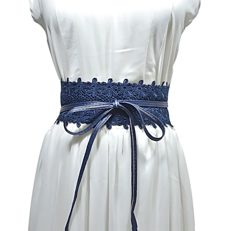 Navy Blue Элегантный женский корсет из искусственной кожи с кружевом, пояс для женщин, красный, желтый, черный, широкий пояс на талии, женское платье, пояс со звездами, 15 цветов - Цвет: Navy Blue
