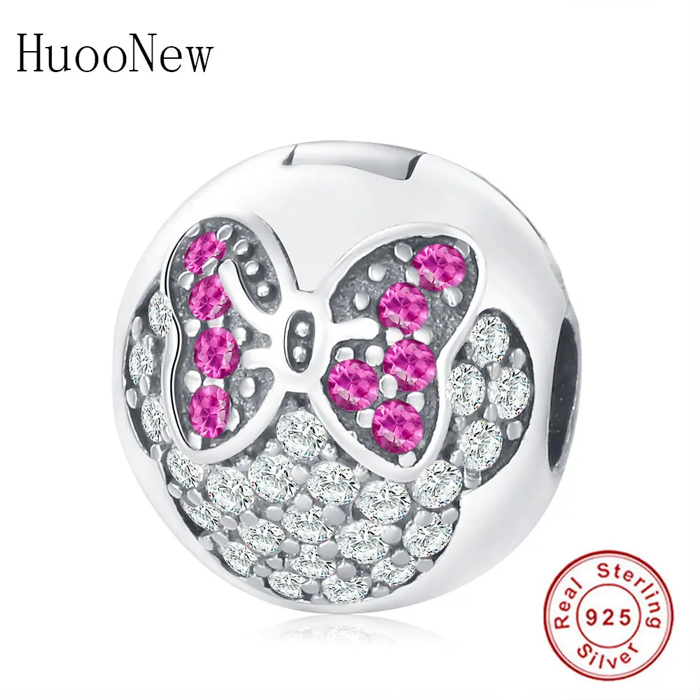 Minnie 2 clip charm Прозрачный розовый кристалл Микки лук Минни Клип Фиксатор бисера Подходит Pandora талисманы браслет 925 пробы серебряные ювелирные изделия Berloque - Цвет: Minnie 2 clip charm