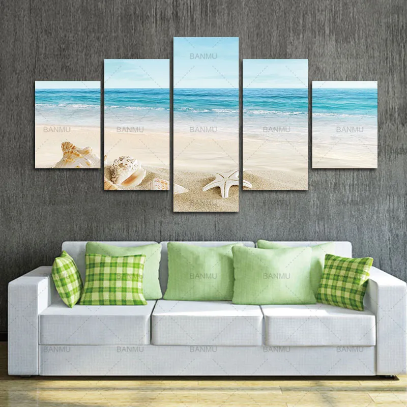 Большая парусина с 5 панелями морской пейзаж жикле печать на холсте современный