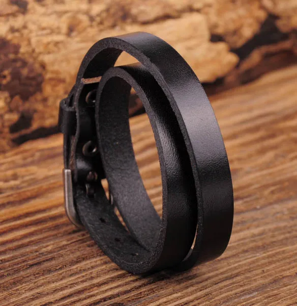 

G557 Black Surfer Rocker Classic Double Wrap Cowhide Leather Bracelet Buckle Cuff New