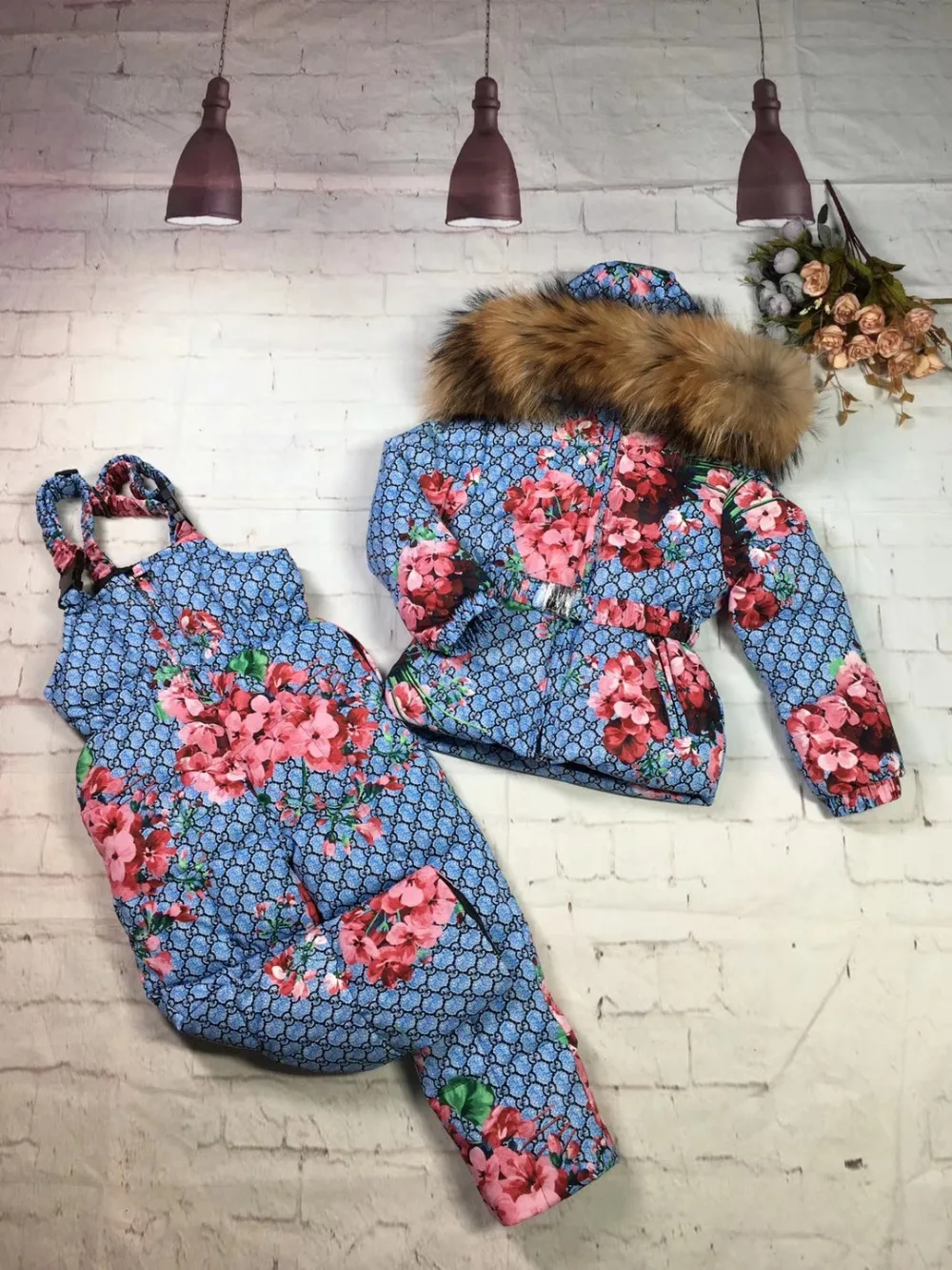 Real raccoon fur winter jacket child suit jacket+pant twinset boy& girl ski suits children down jacket outerwear parka