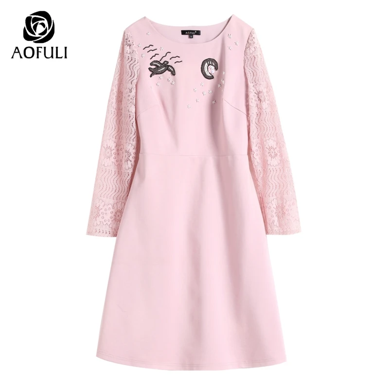 L~ XXXL 4XL 5XL Bird And Moon Beadings Women Casual Dress Big size New Autumn Lace Sleeves Pink AOFULI 9056 | Женская одежда
