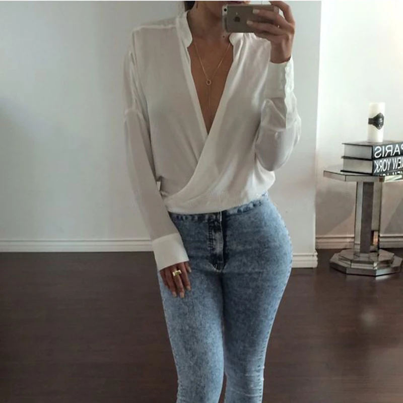 Блузка женская шифоновая с длинным рукавом и глубоким V образным вырезом|Блузки| |