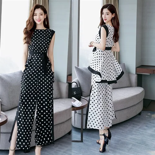 Женский комплект из 2 предметов блузка в горошек и брюки с широкими штанинами