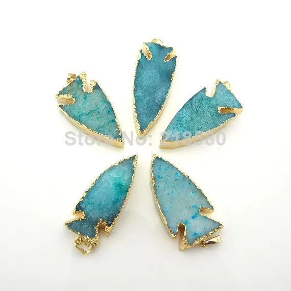 

P6100978 Light Blue Druzy Crystal Pendant Cluster Gold Color Arrowhead Pendant Necklace Connector