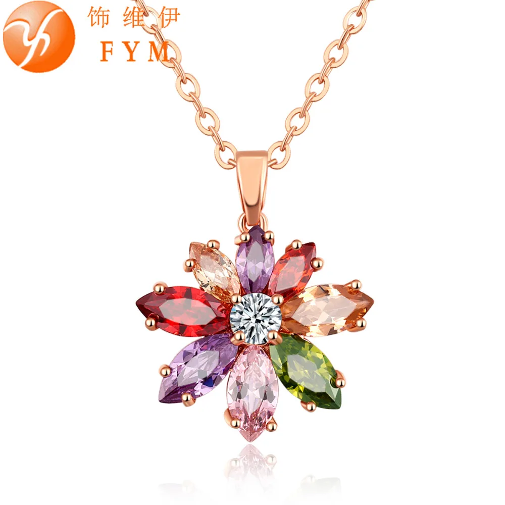 

FYM New Fashion Red Cubic Zirconia Orange Green Crystal Chain Necklaces & Pendant Gold Color Necklace Jewelry for Women Party
