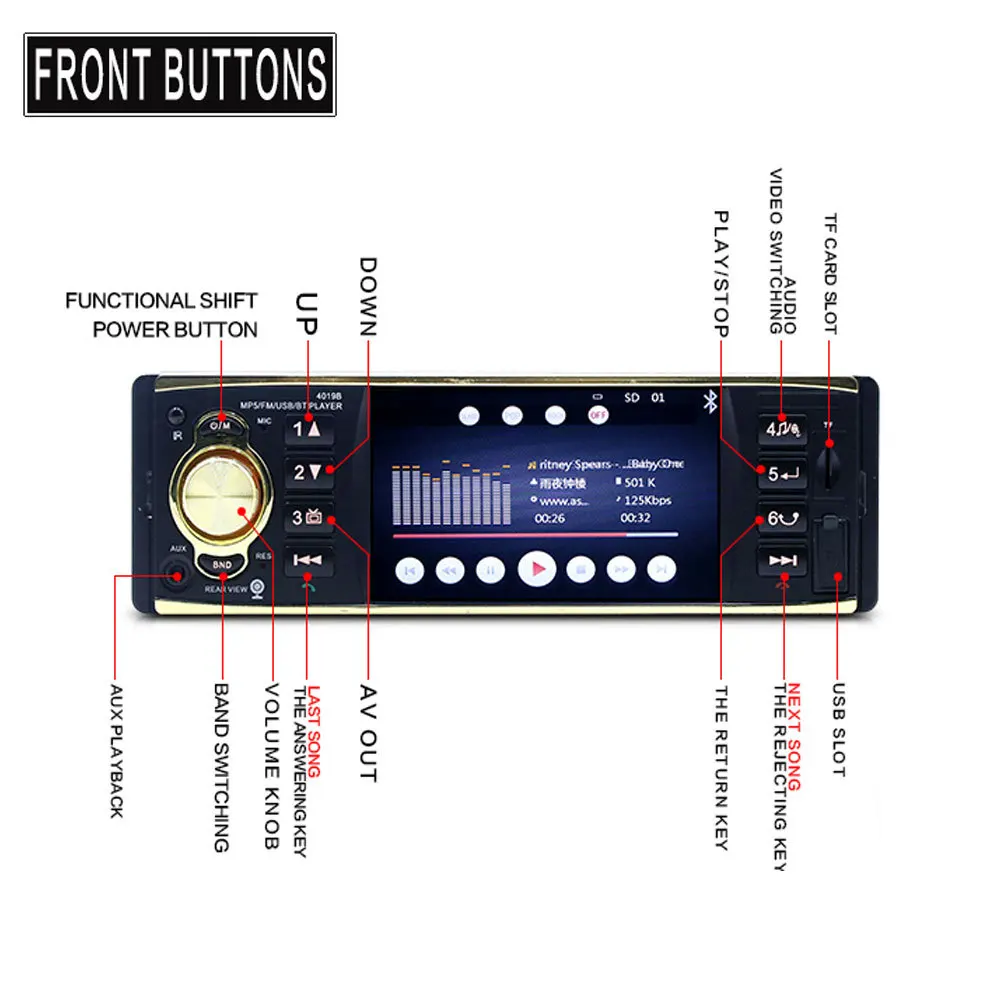 Podofo 4019B Автомагнитола 4,1 дюймов 12 в 1 Din Авто Аудио Стерео Bluetooth 2,0 USB AUX FM радио тюнер Поддержка камеры заднего вида плеер