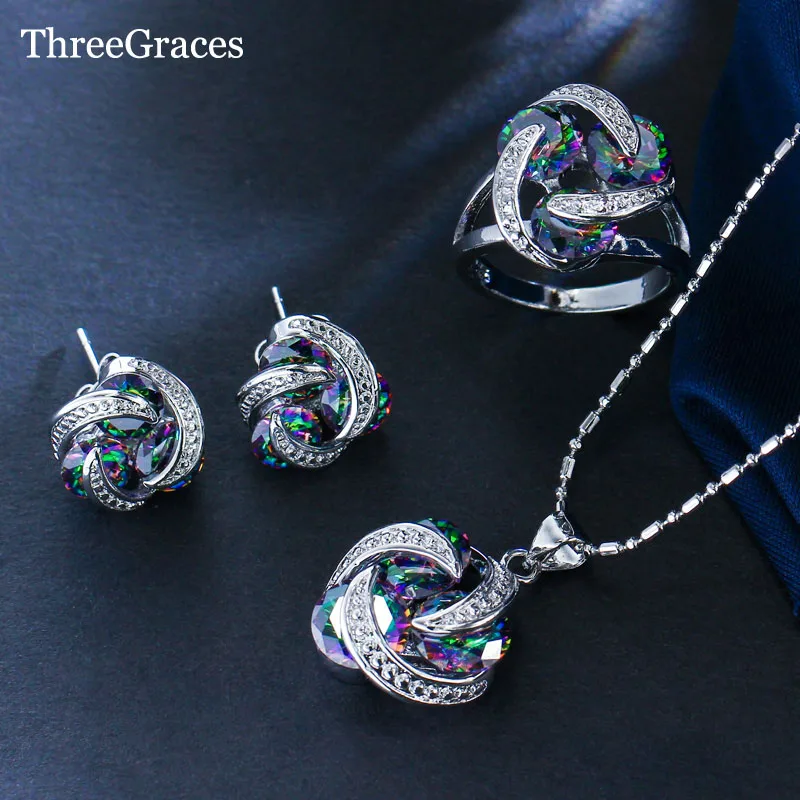 

ThreeGraces Trendy Cubic Zirconia Mystic Rainbow Created Ring Necklace Pendant and Earrings Fashion Jewelry Set For Women JS177