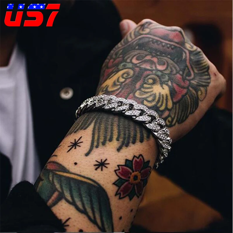 US7, Bling Iced Out, кубинская цепочка, полностью проложенный кристалл, мужской браслет, золотой, серебряный цвет, браслеты для мужчин, ювелирные изделия