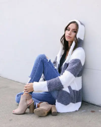 

Women Cardigan Loose Sweater Hooded Zipper Long Sleeve Knitted Patchwork Outwear Jacket Warm Fashion Coat