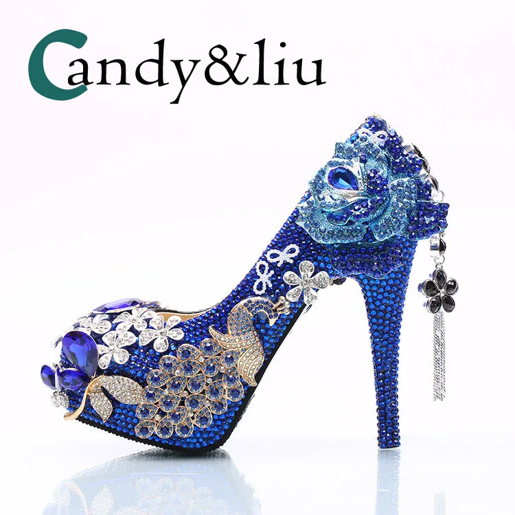 

Luxury Large Size Crystal Wedding Shoes Blue Rhinestone Phoenix and Tassel Silver Flowers Women Pumps for Party Evening Dress