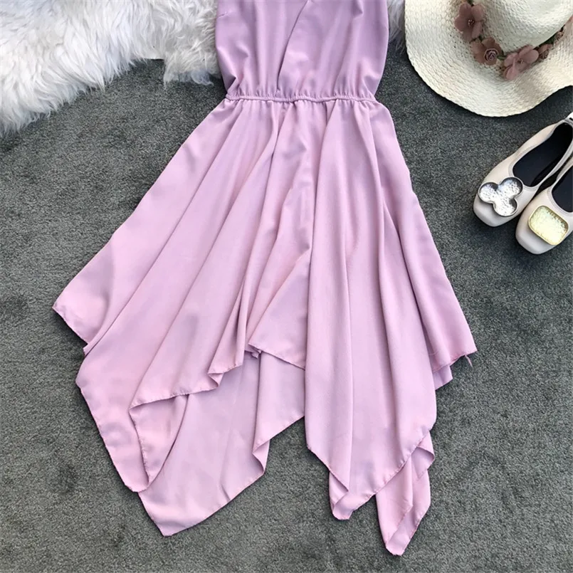 Boho Стиль с v-образным вырезом сексуальное асимметричное дамское летнее платье миди женские вечерние на бретельках повседневные пляжные праздничные Нерегулярные платья