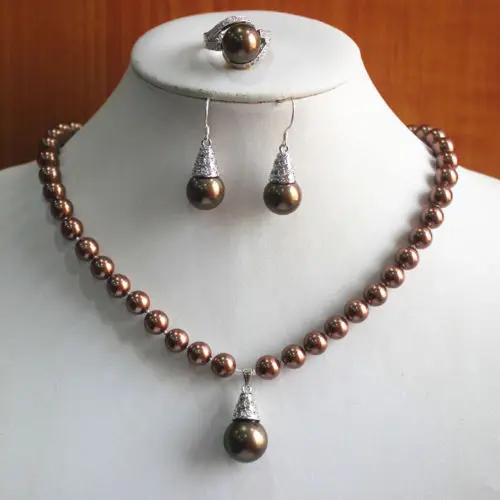 hot sell new - New Design Women'S Coffee Pearl Necklace Earring Ring(7/8/9)Jewelry Set | Украшения и аксессуары