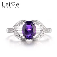 LeiGe Jewelry Unique Engagement Rings Natural Amethyst Rings February Birthstone Rings Purple Stone Rings 925 Sterling Silver