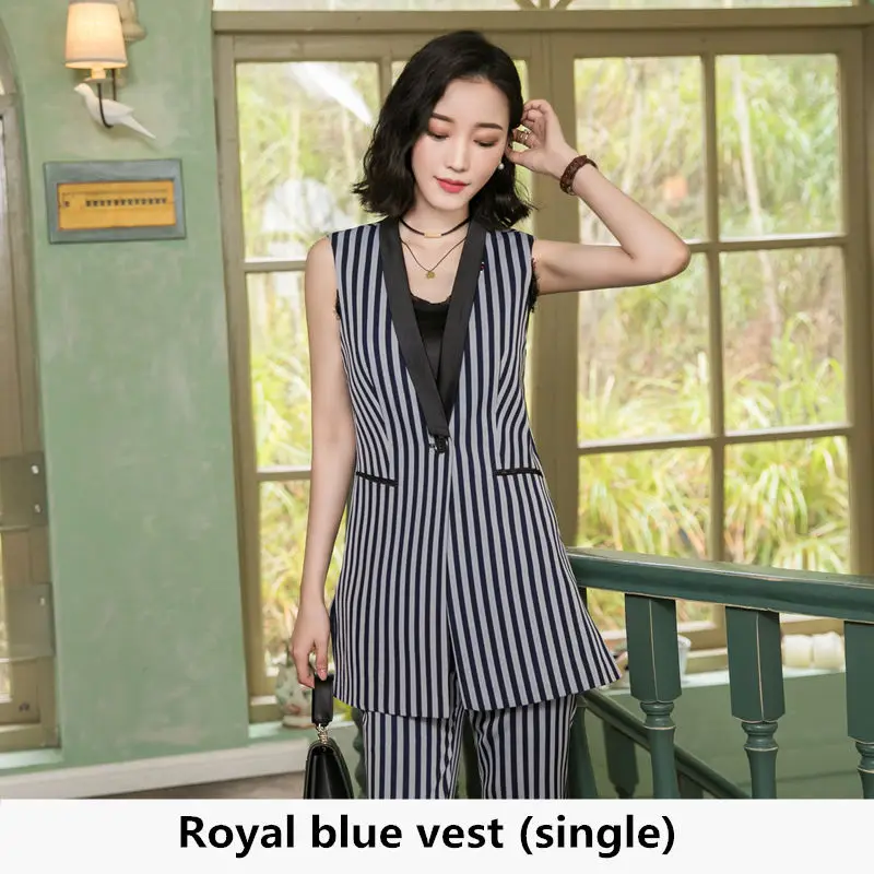 Royal blue stripes Блейзер случайные жилет женщин долго костюм жилет женский жакет в полоску карманов офис леди комплект из двух предметов Топ и штаны - Цвет: Royal blue stripes