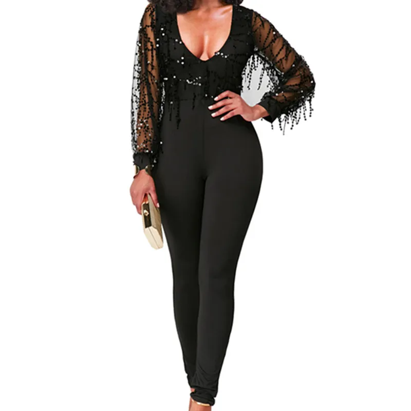 

2019 HighstreetS Sequin Embellished Mesh Sleeve Fitted Long Sleeve Skinny Jumpsuit Autumn Fashion Party Women Jumpsuits