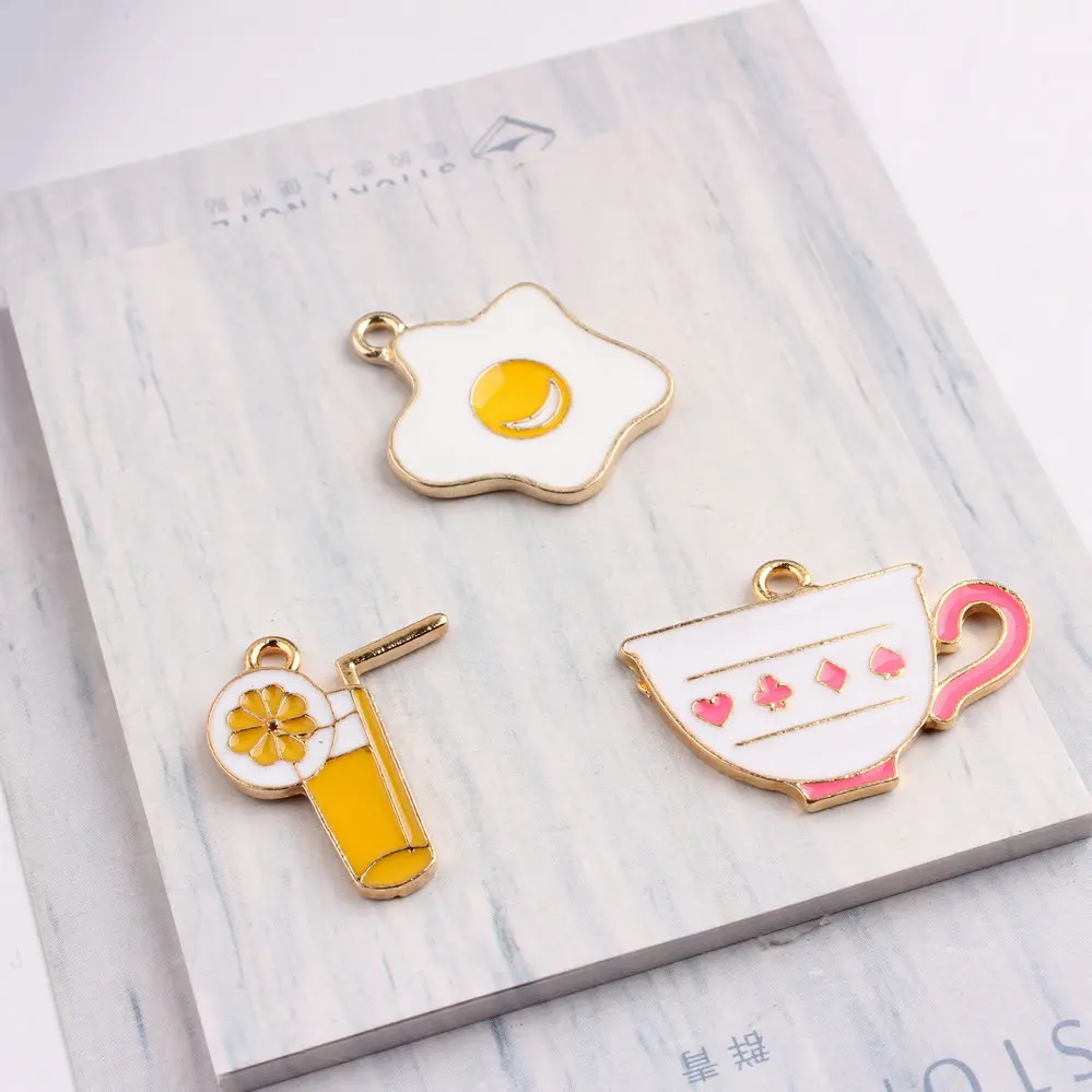 

50PCS Gold Tone Alloy Enamel Charms Kawaii Orange Juice Coffee Cup Poached Egg Drop Oil DIY Jewelry Bracelet Pendant Charm