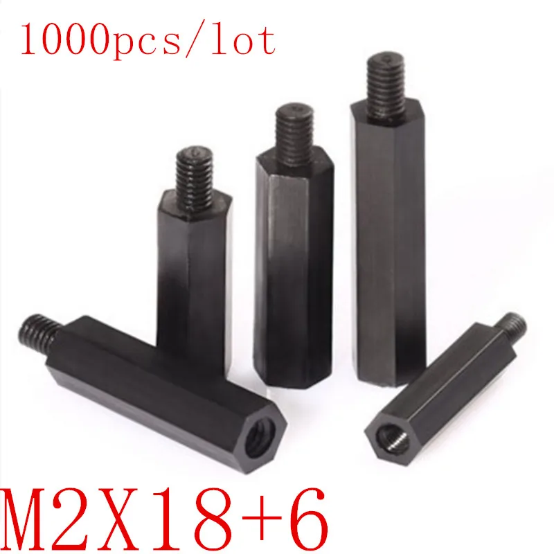 1000 шт нейлоновый противостоящий мужской и женский M2 * 18 + 6 черный шестигранный