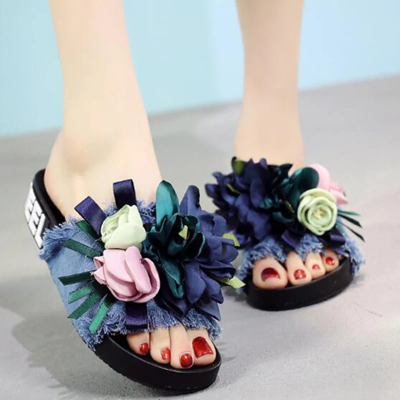 Женские летние шлепанцы из джинсовой ткани с цветами|Тапочки| |