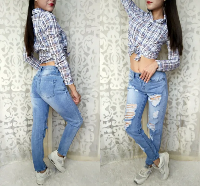 Рваные джинсы для женщин узкие брюки повседневные дам синие со средней талией