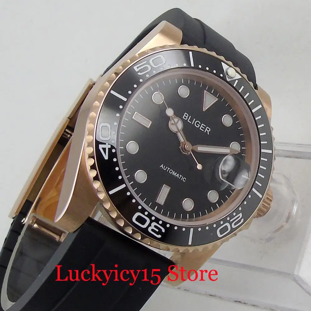 BLIGER 40 мм черный циферблат сапфировое стекло Резиновый Ремешок Автоматические