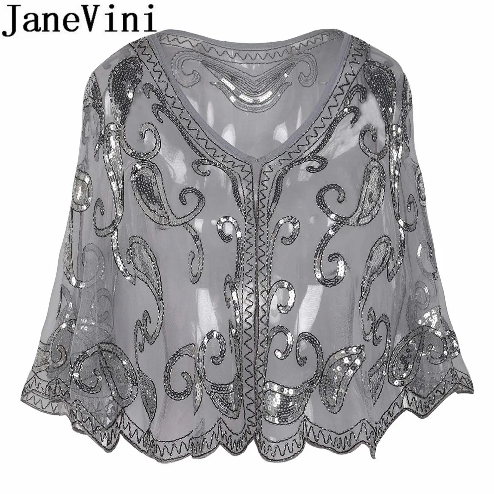 JaneVini Blingbling расшитый блестками женский плащ вышитая бисером Свадебная кофта Болеро шаль черные Серебряные Блестки вечерние свадебные куртки палантин