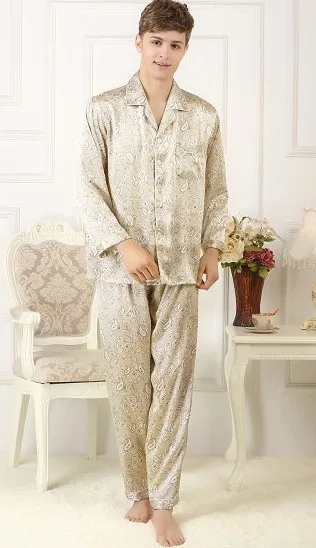 100% mulberry silk pajamas set, men's silk home wear, long sleeve trousers, beige print big size, casual burst 3