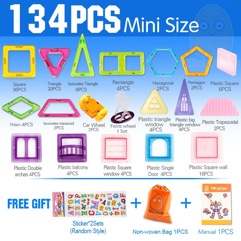134PCS 72-134 шт. мини Магнитные строительные блоки, магнитные игровые треугольные квадратные кирпичи, конструктор, Обучающие кирпичи, магнитные игрушки, наклейки, подарок - Цвет: 134PCS