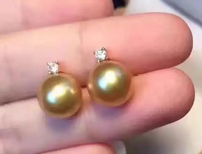 Бесплатная доставка 11-12 мм Южное море Золотая круглая жемчужная серьга |