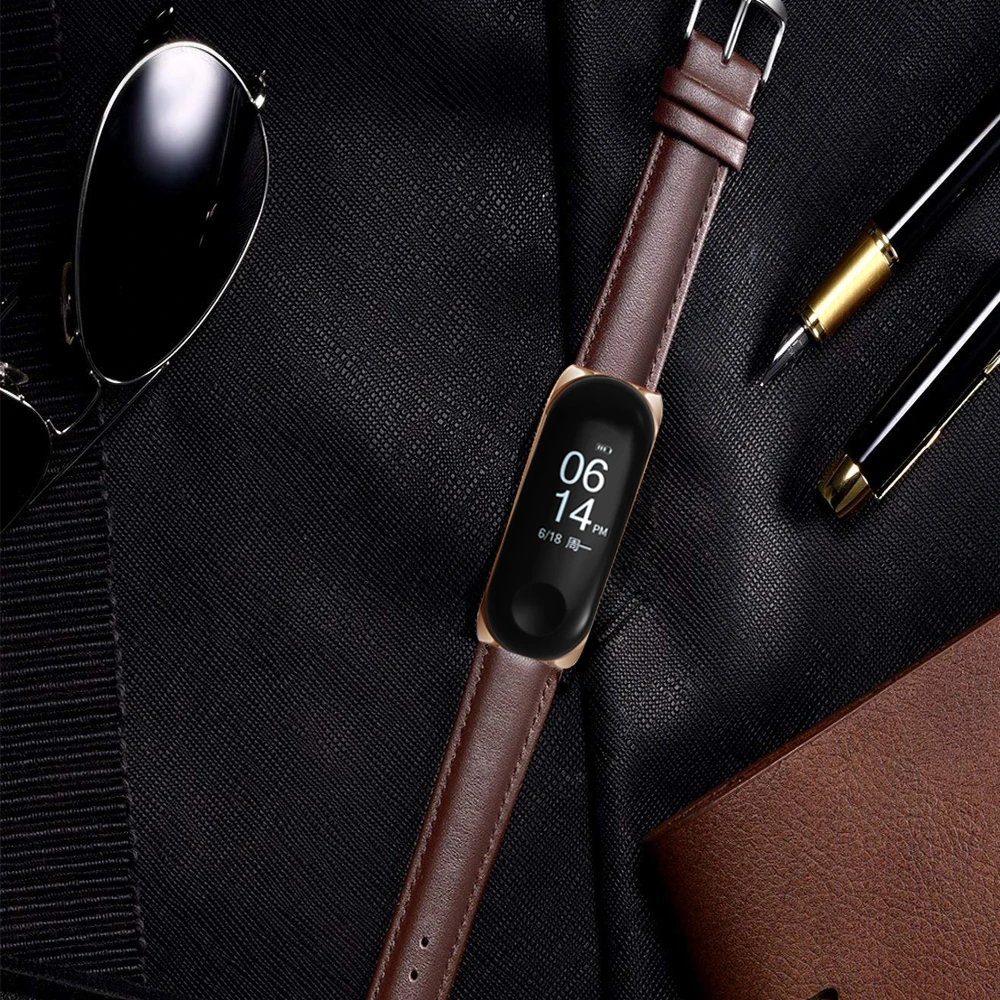 Black and Rose Gold Case Leather Watch Band for Xiaomi Mi 3 Smart Strap Accessories Bracelet Miband3 | Наручные часы
