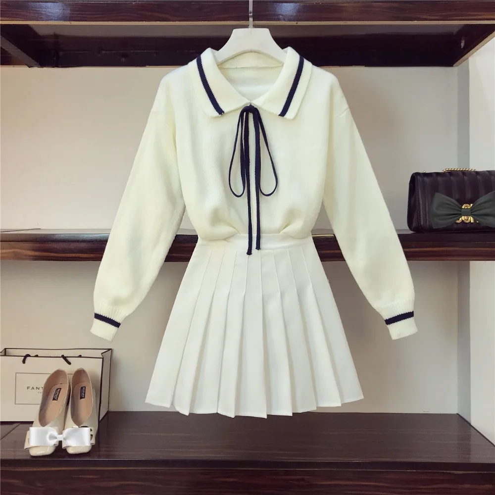 2019 Весна Для женщин с длинным рукавом Лук Трикотажные топы + плиссированная юбка