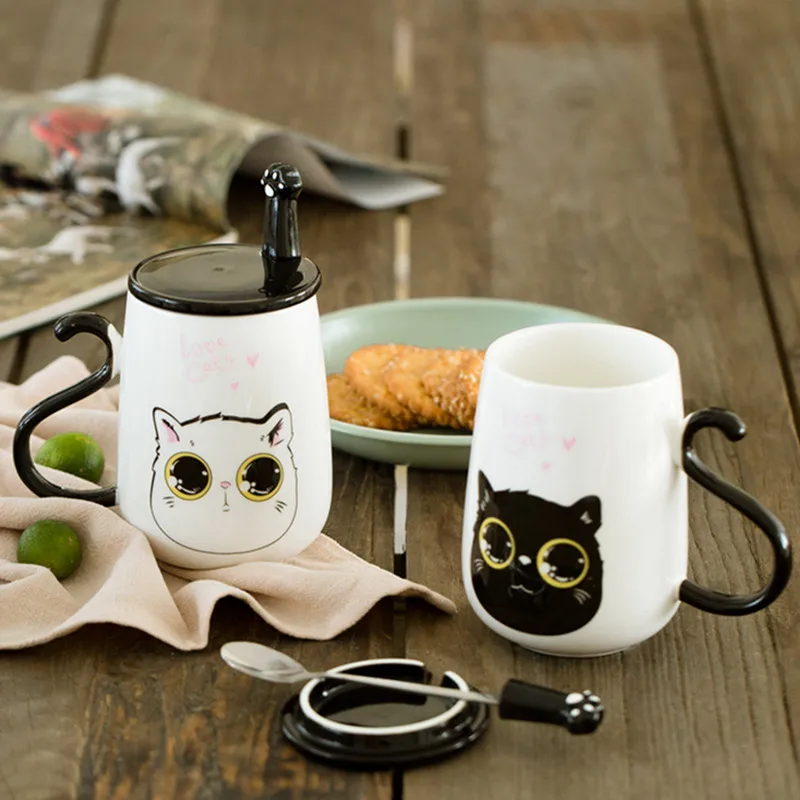 OUSSIRRO Cute Cat Ceramics Mug With Lid an Spoon Large Capacity 500ml Mugs Coffee Milk Tea Cups Novelty Gifts | Дом и сад