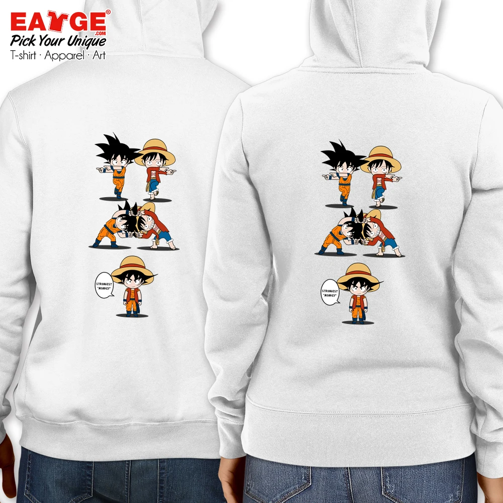 Novelty Unisex Warm Fleece White Pullover Skate Pop Design Funny Anime Crossover Sweatshirts Monkey Goku VS Luffy Hoodies | Мужская