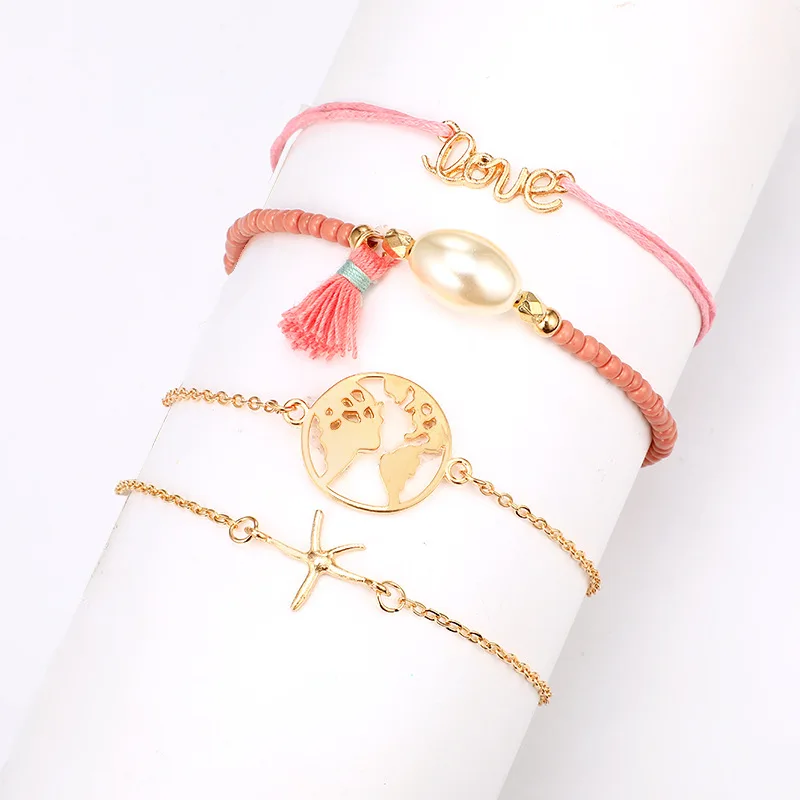 4 шт./компл. Классический Набор браслетов с надписью LOVE кисточкой морской звездой
