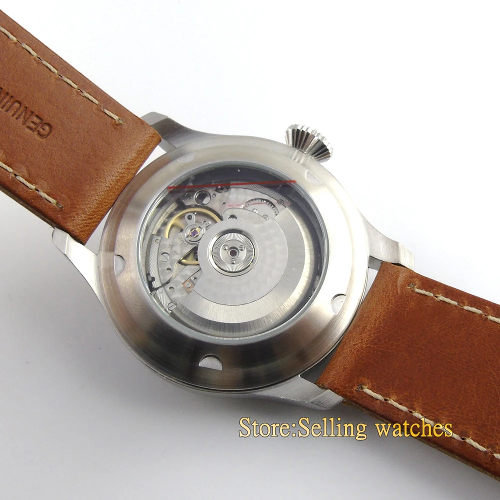 Parnis 47 мм черный циферблат светящиеся заклепки ремень автоматические мужские