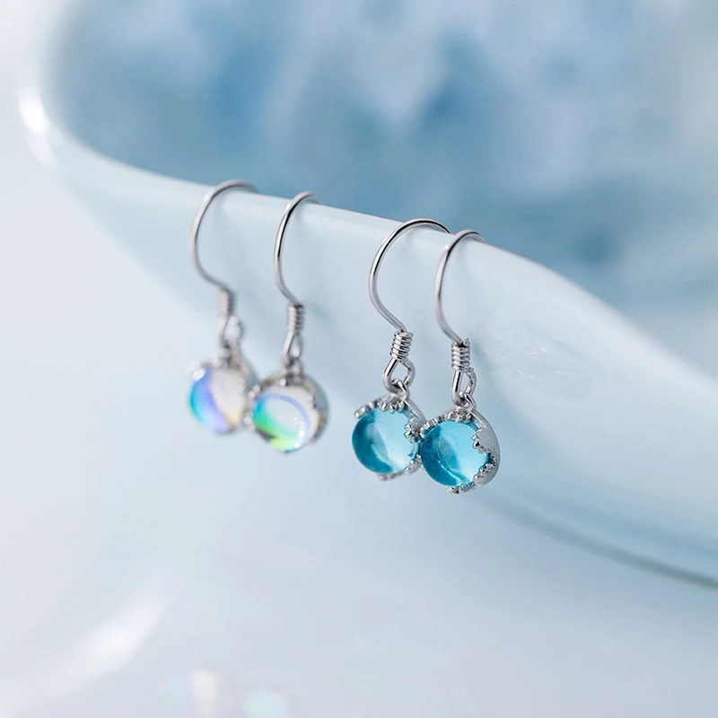 

PONYKISS Trendy S925 Sterling Silver Temperament Blue Crystal Round Dangle Drop Earrings Women Party Creative Style Jewelry Gift
