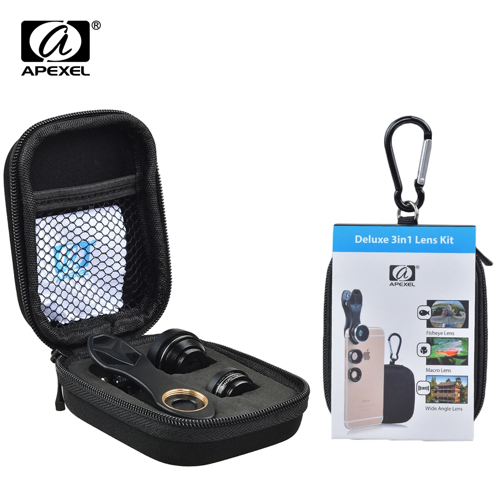 APEXEL 3in1 Клип сотовый смартфон Камера объектив Комплект 198 градусов рыбий глаз + 0.63X