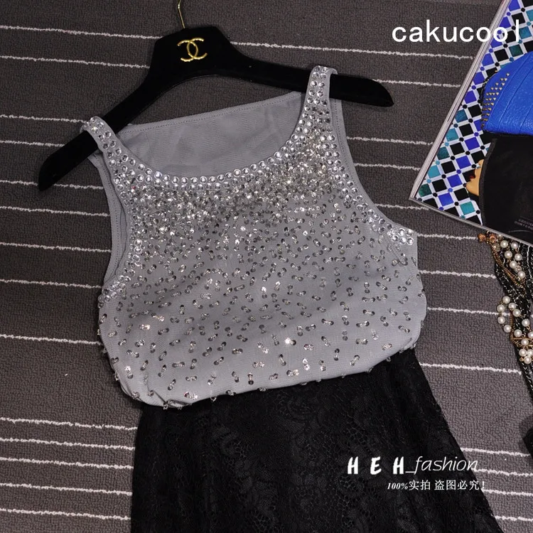 Cakucool Для женщин Бисер танки сетки Diamond с блестками Корея дизайн летнее Базовая