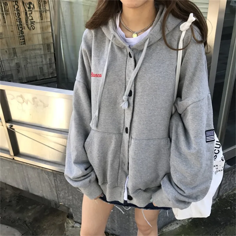 

Fashion embroidery hoodies women hooded single breasted fleece lining sweatshirts new 2019 autumn winter