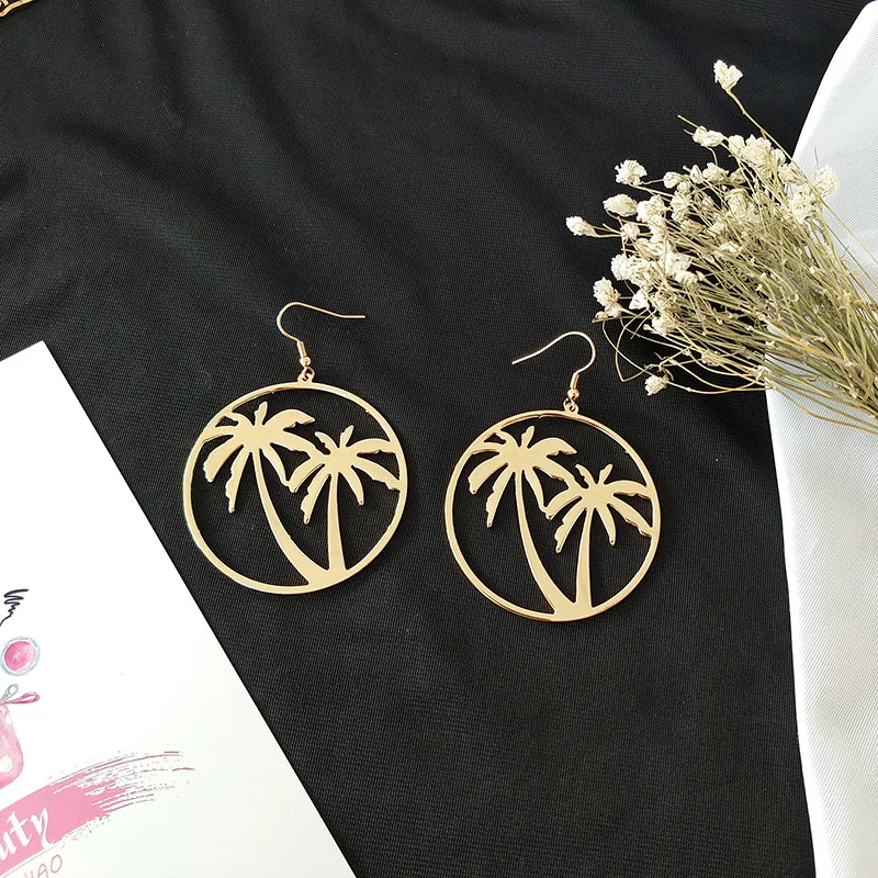 Модные Простые Женские Висячие серьги с кокосовой пальмой большие круглые