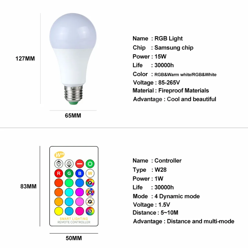 RGBW E27 LED Lamp 5W 10W 15W 85-265V Ampoule Spotlight Bubble Ball Bulb A50 A60 With 24 Key Remote Controller | Лампы и освещение