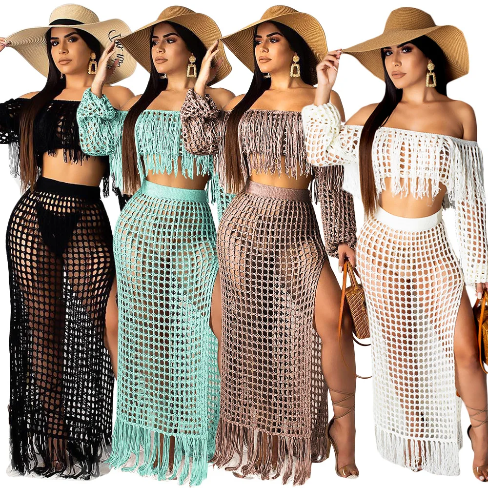 Женский пляжный костюм JRRY с длинным рукавом вырезом лодочкой кисточками и