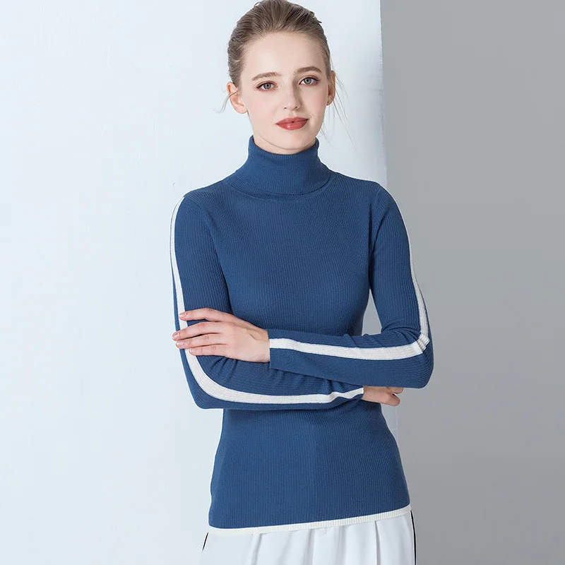 

Синие шерстяные свитера, Женская водолазка, джемпер ФЕММЕ, пуловер в Корейском стиле, Осень-зима 2019, вязаный Топ в полоску