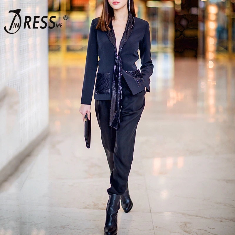 

INDRESSME 2019 Новый женский черный комплект из двух предметов с блестками и V-образным вырезом, женский костюм, длинные брюки с длинным рукавом