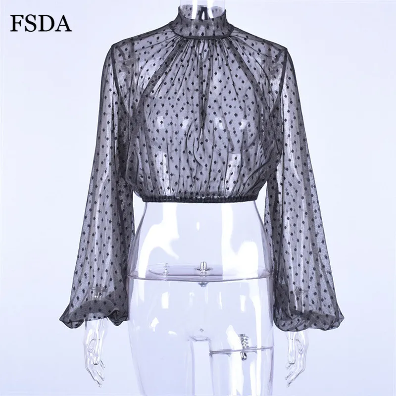 Женский укороченный топ в горошек FSDA сетчатый короткий с высоким воротником и