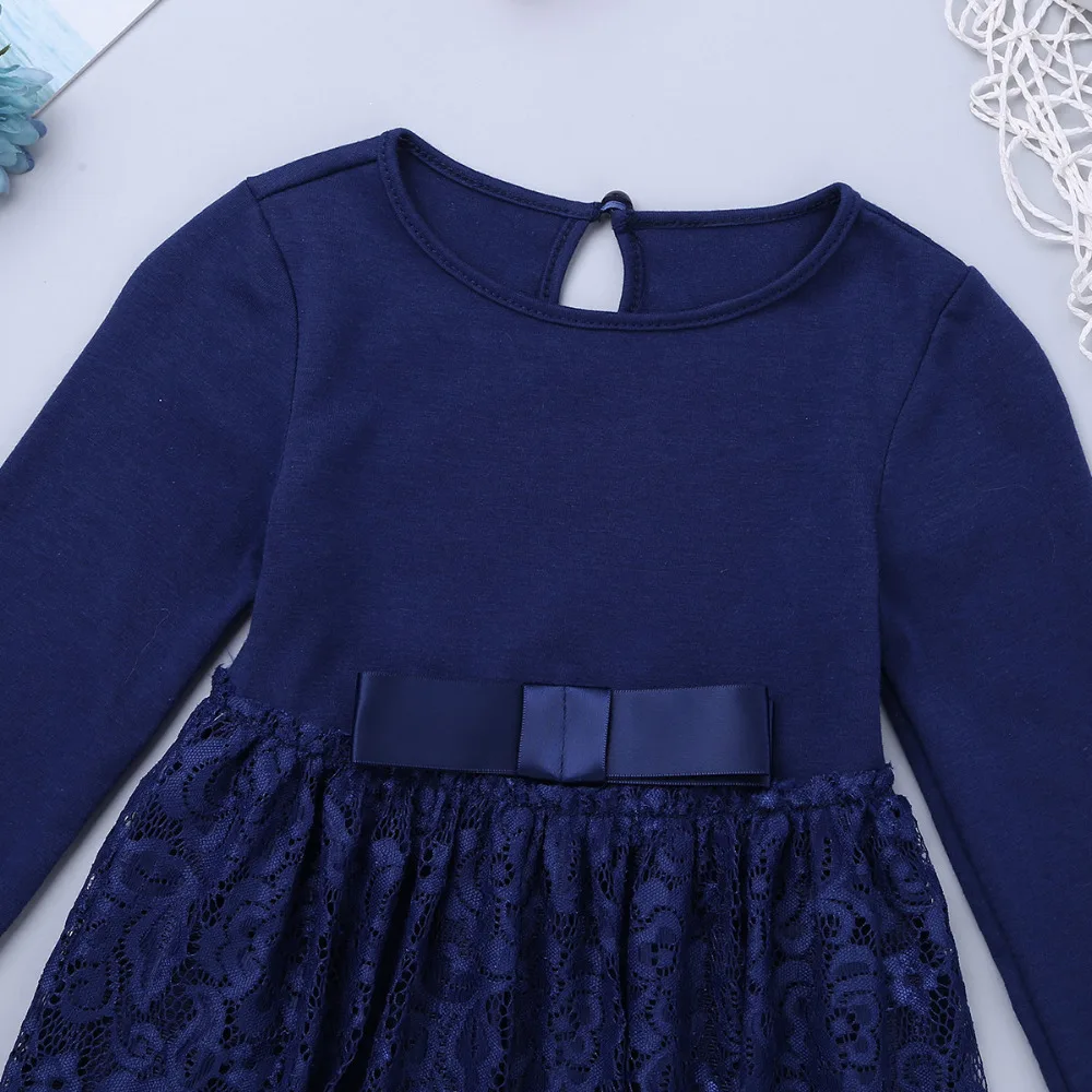 Kids Girls Lace Long Sleeves Flower Girl Dress with Bowknot for Birthday Party Autumn High-waist Beautiful Casual SZ 3-12 | Детская