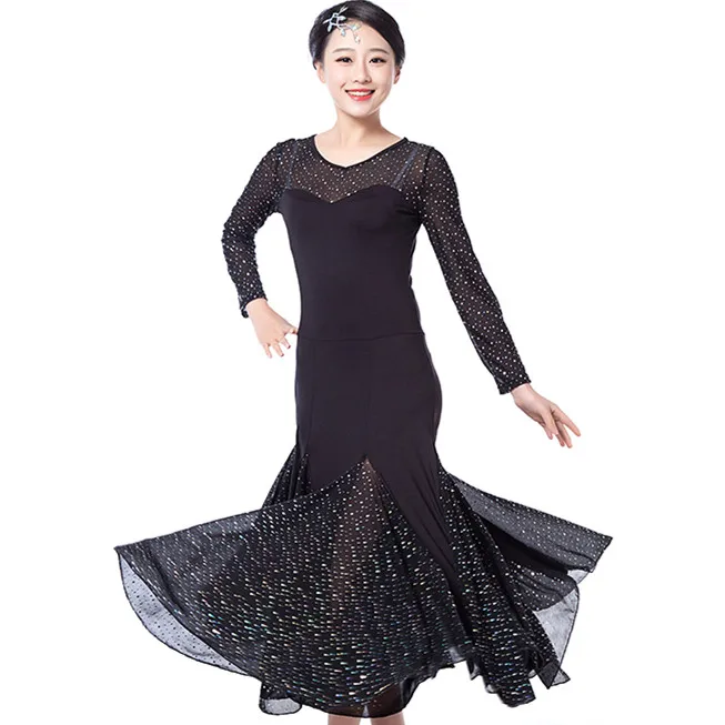 

5 colors Splicing Ballroom Dance Dress Women Long Sleeve Waltz/Tango/Jazz Dance Dress Black/white/blue Performance/Practice