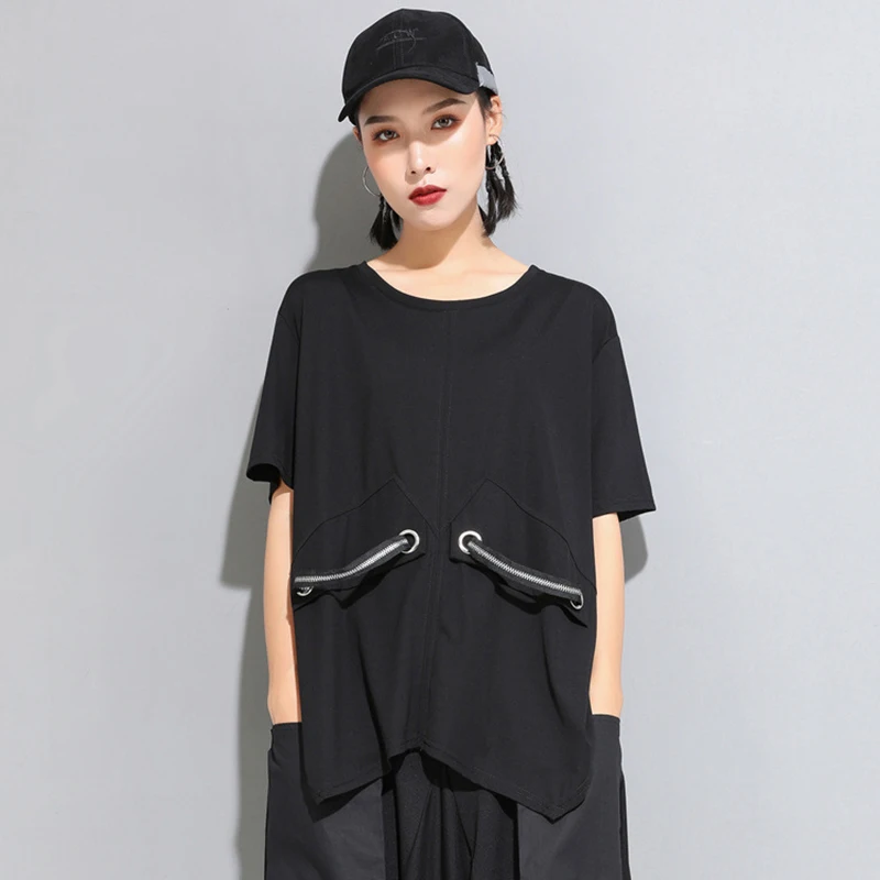 [EAM] New Spring Summer Round Neck Half Sleeve Black Loose Split Joint Big Size T-shirt Women Fashion Tide JW890 JW890